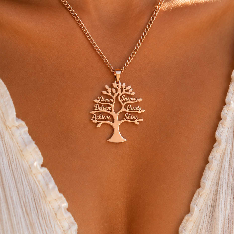 Tree of Life Affirmation Necklace – Inspirational Word Pendant
