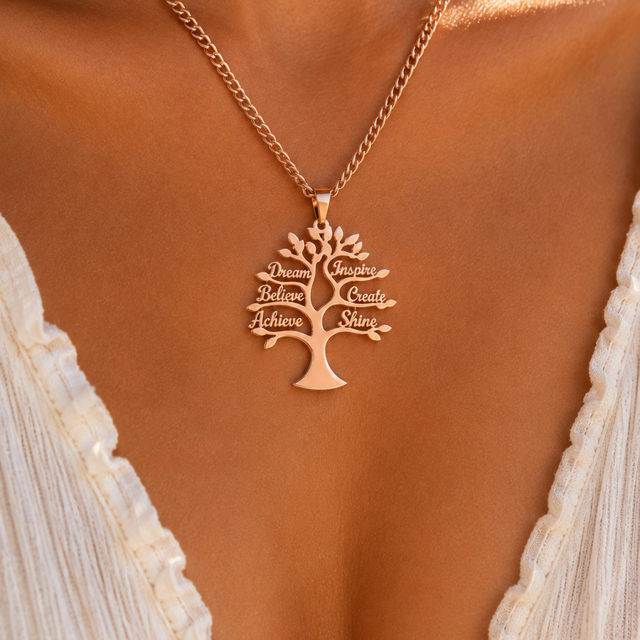Tree of Life Affirmation Necklace – Inspirational Word Pendant