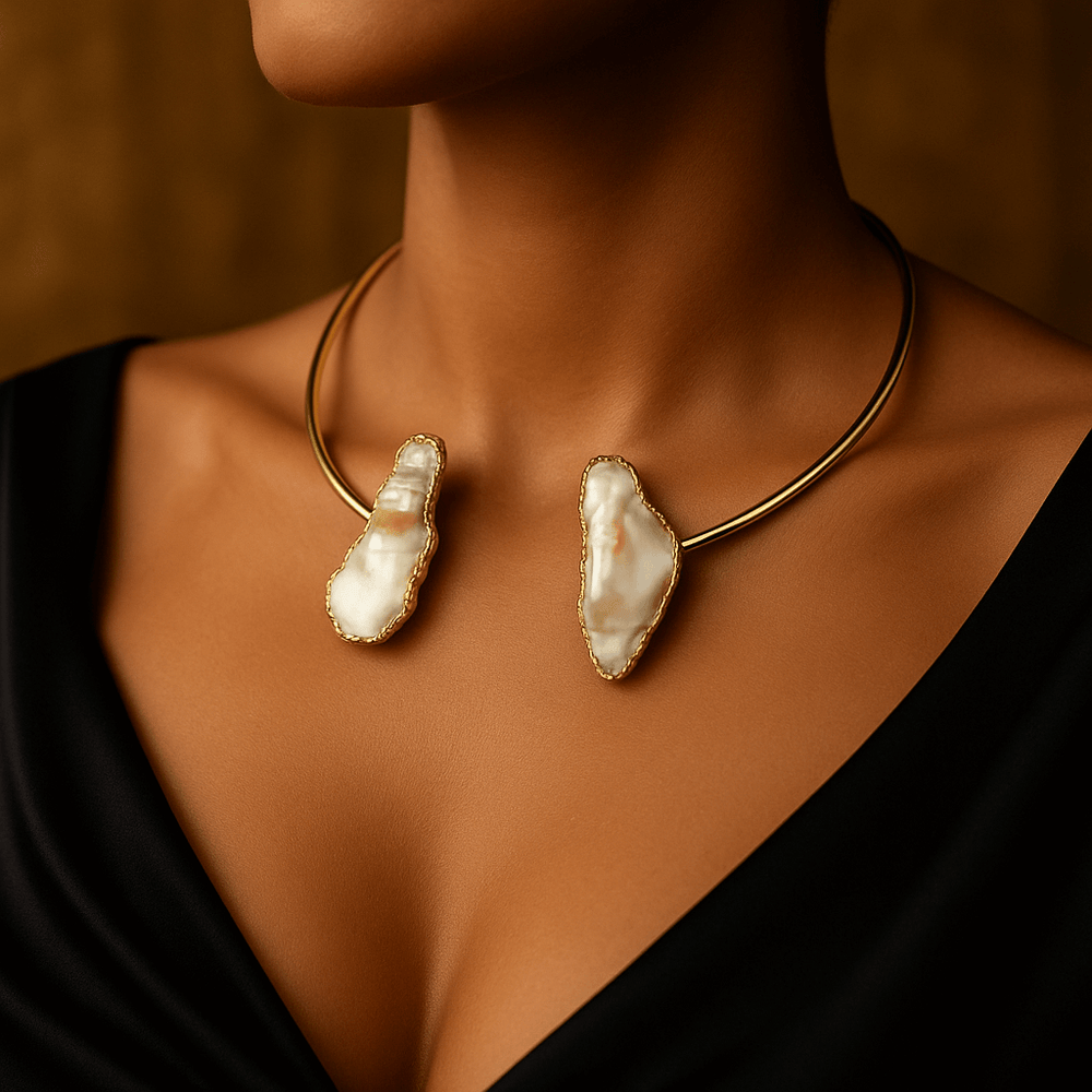 Gold Plated Minimalist Baroque Pearl Ring Open Choker Necklace Set - Modern Shell Jewelry Gift for Her, Handmade In Turkey - Glam Duchess