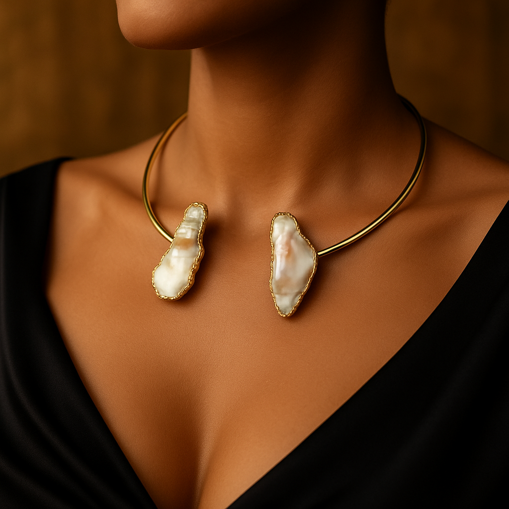 Gold Plated Minimalist Baroque Pearl Ring Open Choker Necklace Set - Modern Shell Jewelry Gift for Her, Handmade In Turkey - Glam Duchess