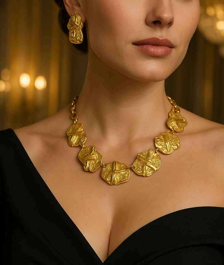 18 K Gold Plated Textured Chunky Statement Choker Necklace Earrings Set - Glam Duchess