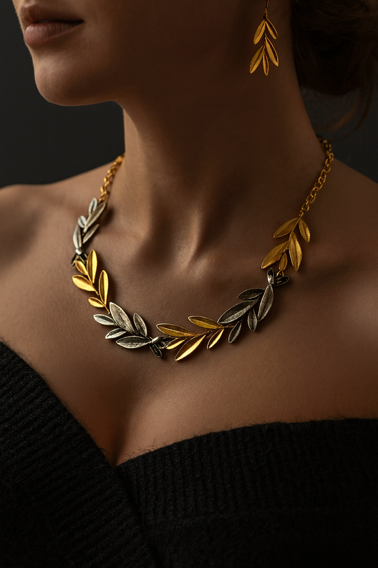 Gold Plated Olive Leaf Jewelry Set - Bohemian Necklace and Earrings Unique Gift, Handmade In Turkey - Glam Duchess