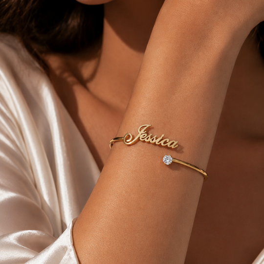 Personalized Custom Name Bangle Bracelet | Open Adjustable | Gold, Silver & Rose Gold