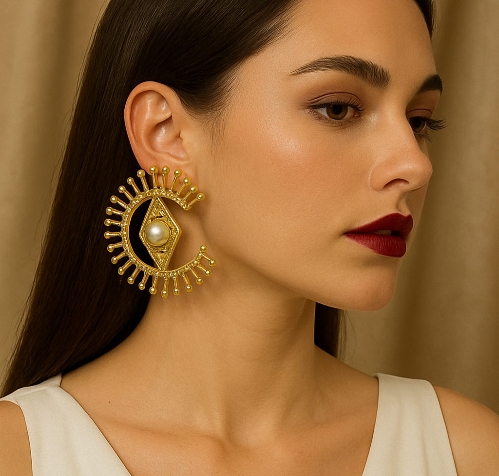 18K Gold Statement Earrings – Handmade Eye-Shaped Pearl Center Studs, 6cm