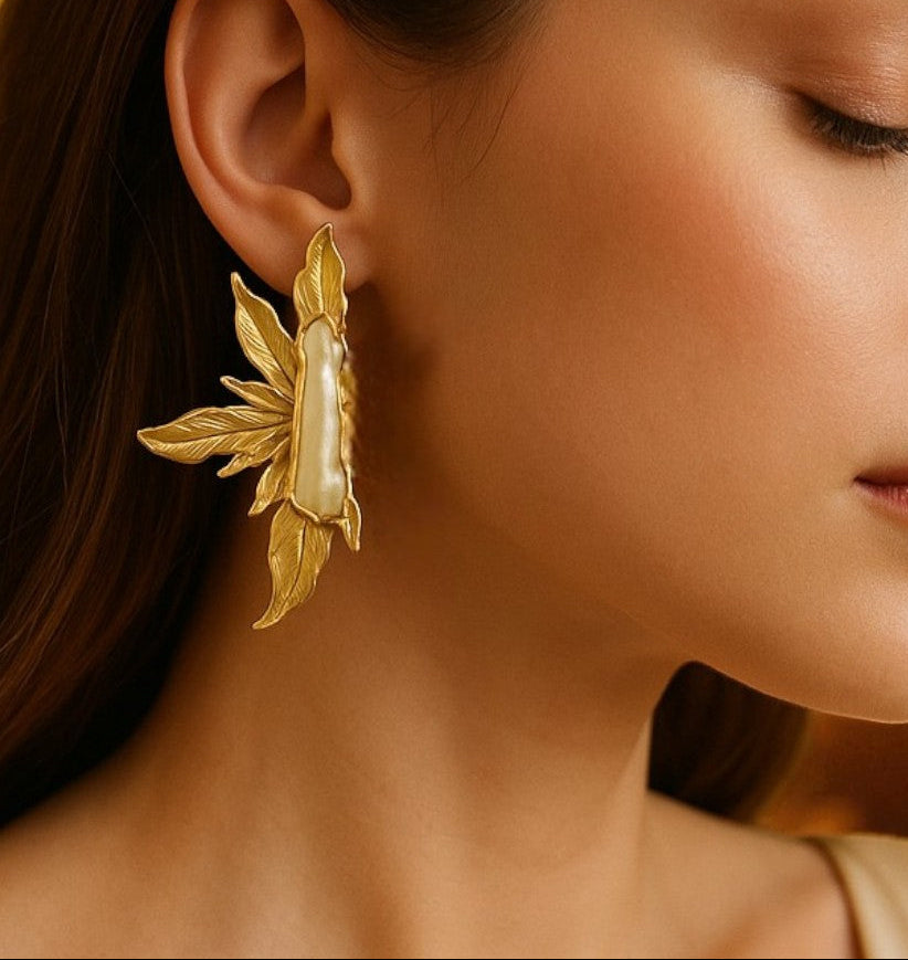 Gold Leaf Earrings – Handcrafted Baroque Pearl Statement Jewelry | Lightweight, Elegant Design