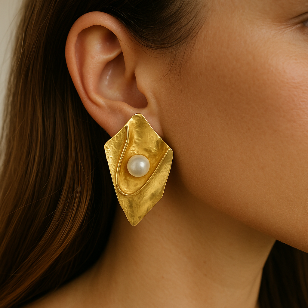 Handmade 18K Gold-Plated Pearl Statement Earrings - Unique Textured Dangle Jewelry, Handmade In Turkey - Glam Duchess