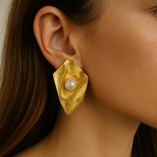 Handmade 18K Gold-Plated Pearl Statement Earrings - Unique Textured Dangle Jewelry, Handmade In Turkey - Glam Duchess