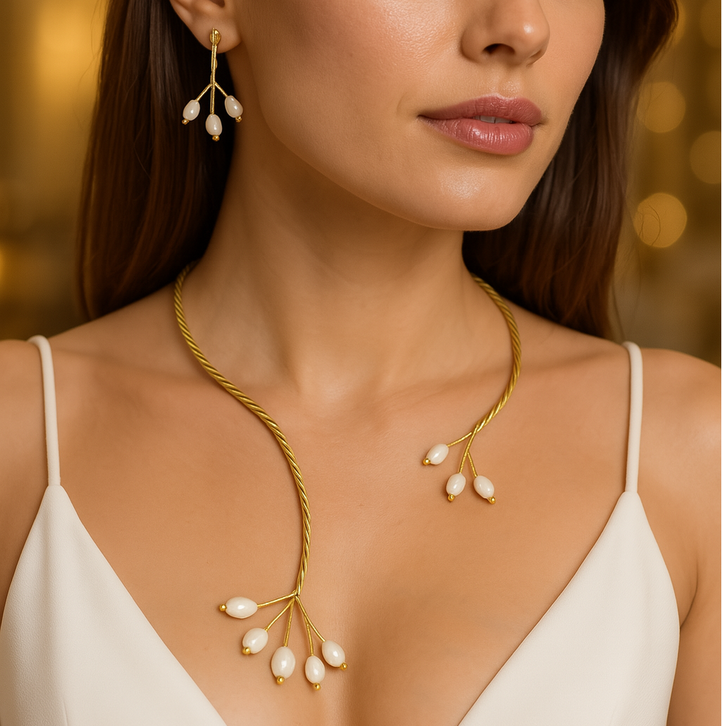 Gold Twist with Gemstone Branches Open Collar Necklace Earrings Set, Handmade In Turkey - Glam Duchess