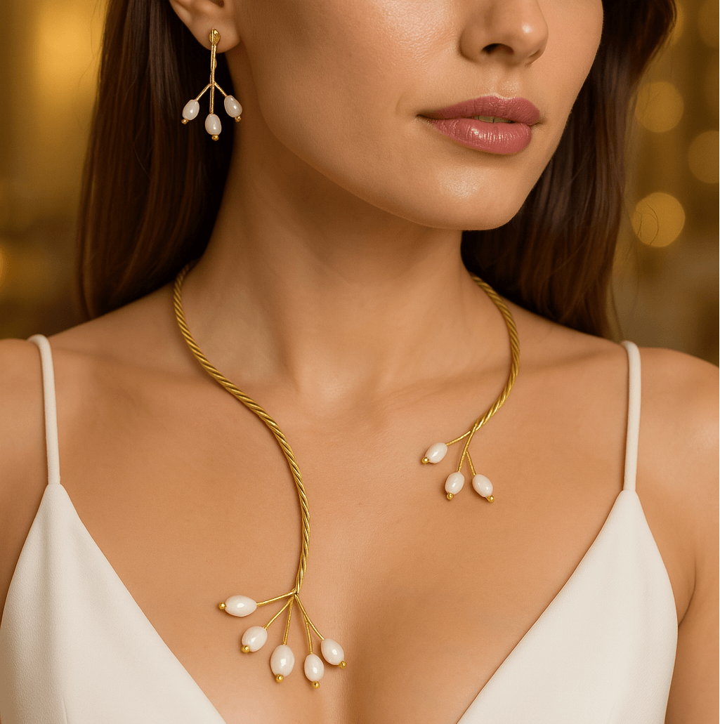 Gold Twist with Gemstone Branches Open Collar Necklace Earrings Set, Handmade In Turkey - Glam Duchess