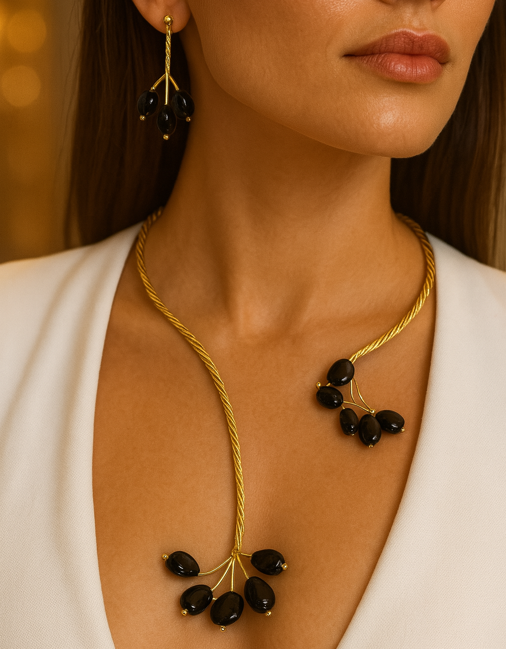 Gold Twist with Gemstone Branches Open Collar Necklace Earrings Set, Handmade In Turkey - Glam Duchess