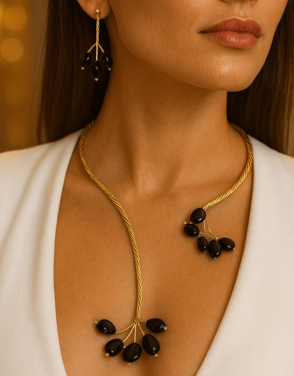 Gold Twist with Gemstone Branches Open Collar Necklace Earrings Set, Handmade In Turkey - Glam Duchess