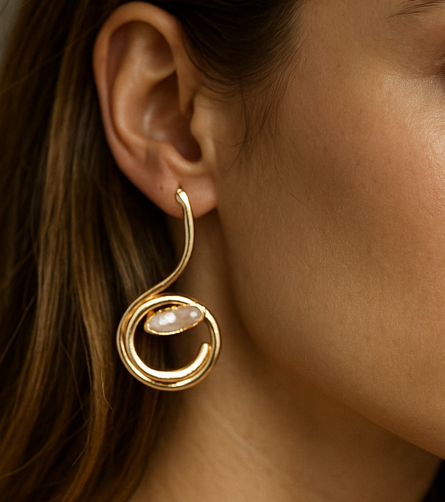 Modern 18K Gold Plated Swirl Bar Pearl Earrings