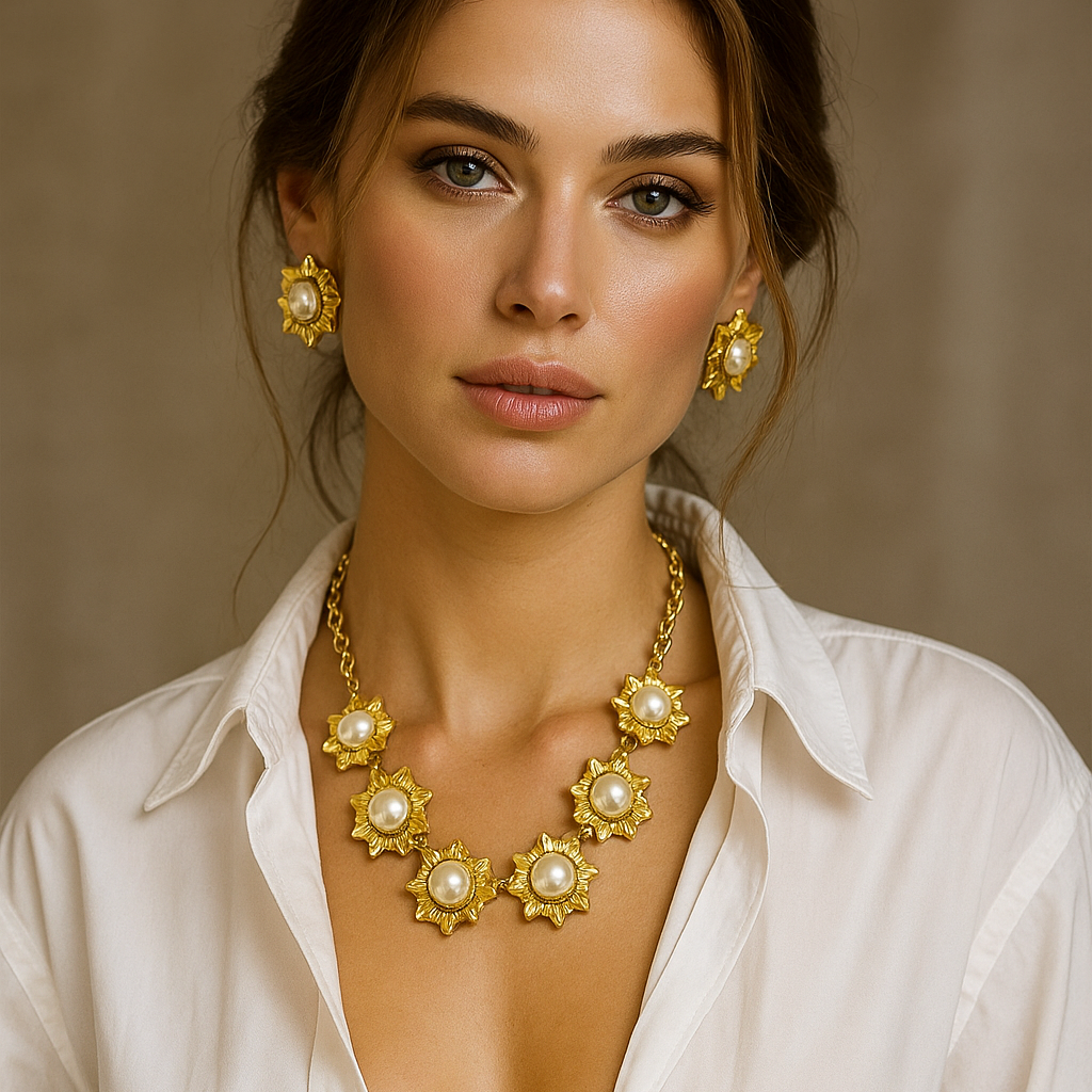 Gold Pearl Jewelry Set – Statement Necklace with Pearl Earrings, Adjustable Length