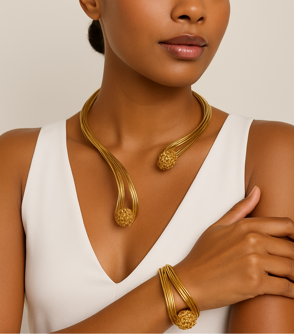 Gold Plated Choker - Handmade Open Collar Necklace and Bracelet Set
