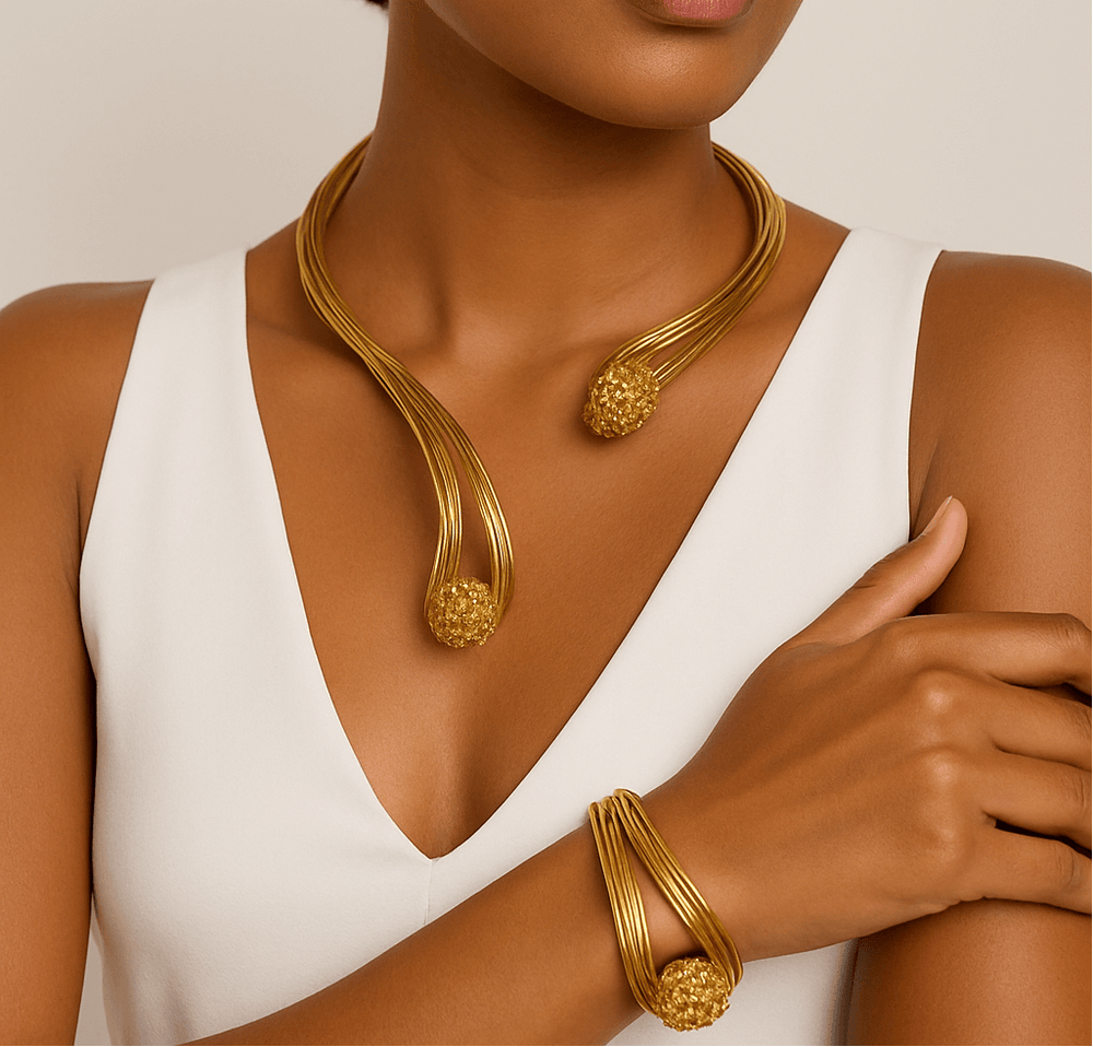 Handmade 18K Gold Plated Open Choker Necklace and Cuff Bracelet Set