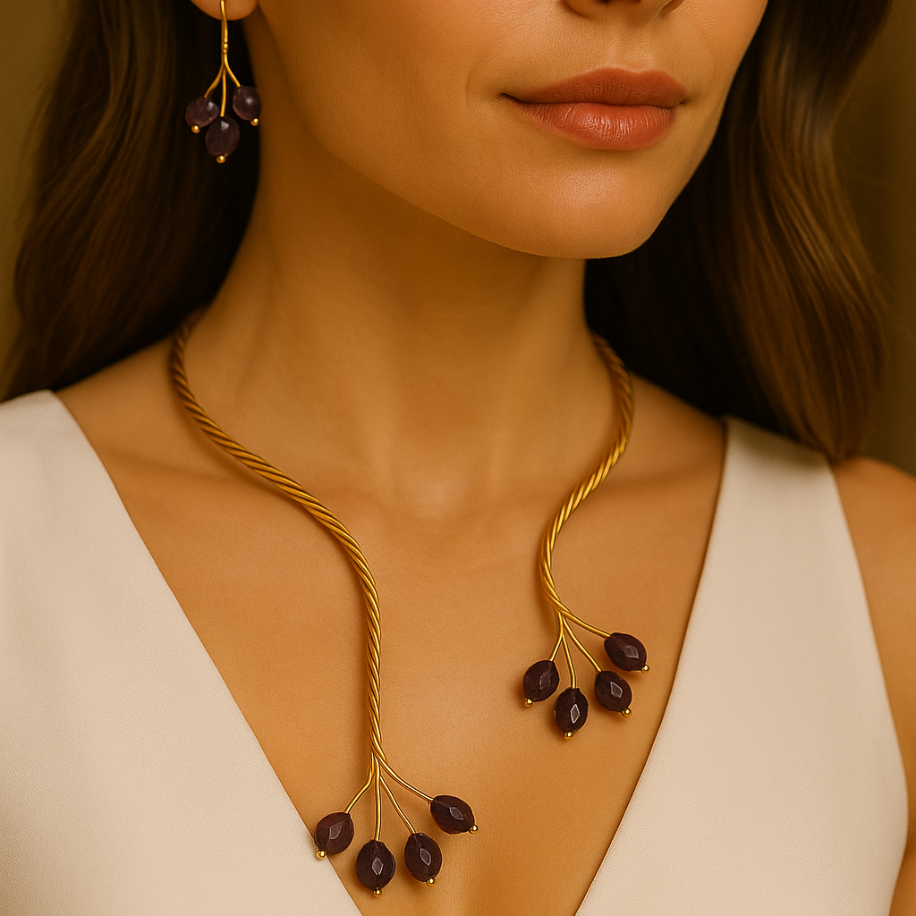 Open Collar Necklace Set – Gold Twist Botanical Jewelry with Gemstone Branch Earrings