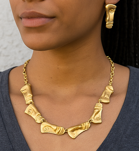 Gold Plated Jewelry Set – Sculptural Necklace & Face Motif Earrings, Luxury Statement