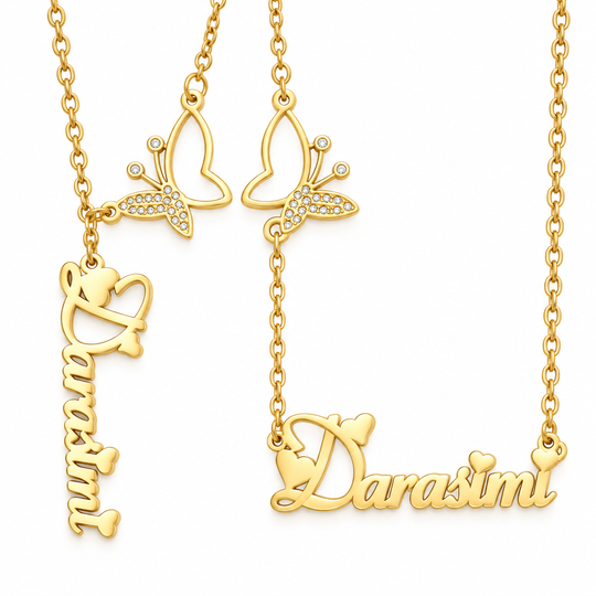Custom Name Necklace | Zircon Butterfly Pendant | Gold, Rose Gold & Silver