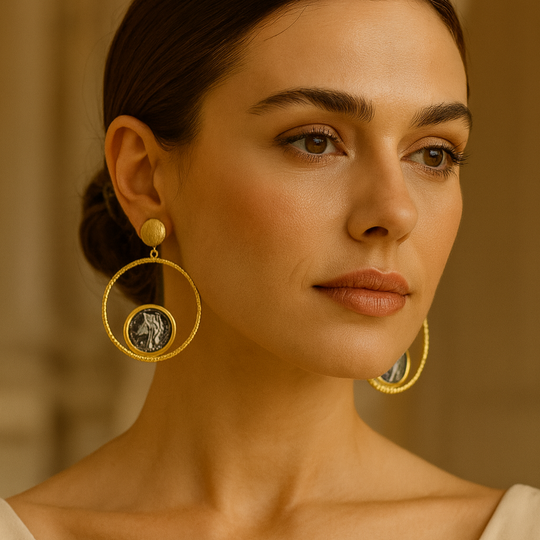 Gold Plated Roman Coin Pearl Hoop Earrings - Handmade Infinity Loop Fashion Jewelry, Handmade In Turkey - Glam Duchess