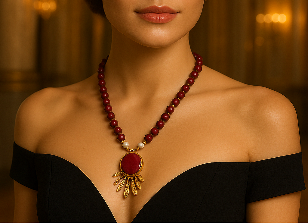 Gold-Plated Gemstone Necklace with Red Beads & Sunburst Pendant, Made in Turkiye - Glam Duchess