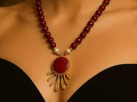 Gold-Plated Gemstone Necklace with Red Beads & Sunburst Pendant, Made in Turkiye - Glam Duchess
