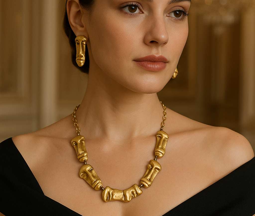 Luxury Artistic Gold Plated Face Necklace & Earrings Set – Statement Sculptural Jewelry - Glam Duchess