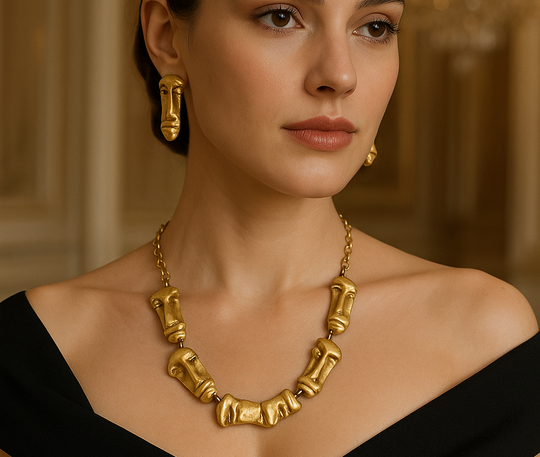 Luxury Artistic Gold Plated Face Necklace & Earrings Set – Statement Sculptural Jewelry - Glam Duchess