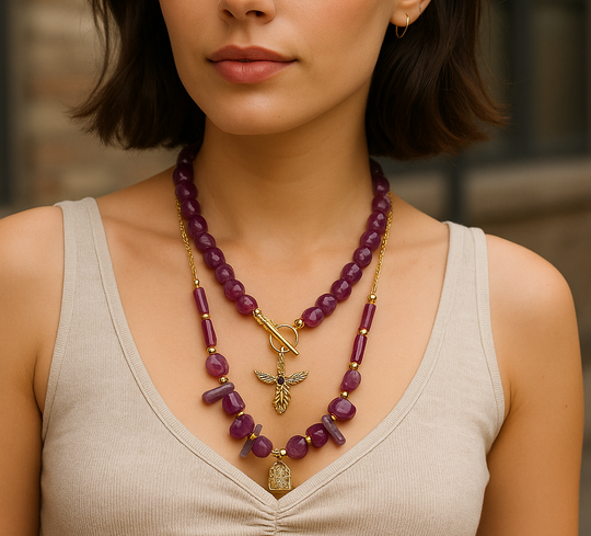 Handmade Gold Plated Purple Gemstone Layered Necklace Set with Gold Charms, Made in Turkiye - Glam Duchess