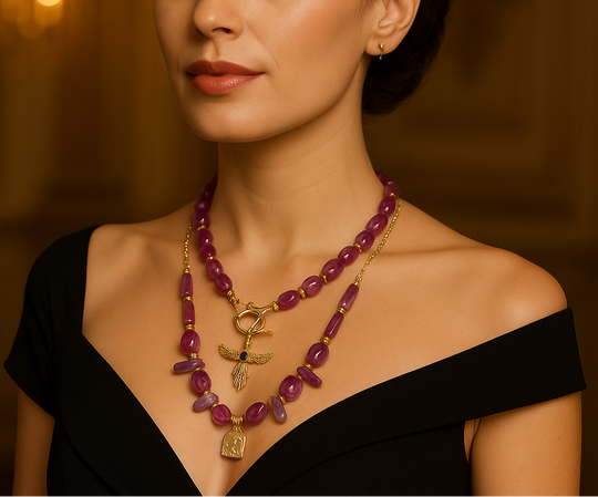 Handmade Gold Plated Purple Gemstone Layered Necklace Set with Gold Charms, Made in Turkiye - Glam Duchess