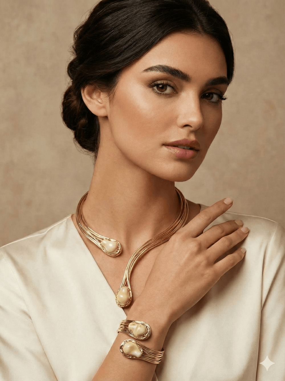 18k Gold Plated Multi-Strand Open Choker & Cuff Bracelet Set with Resin Stone