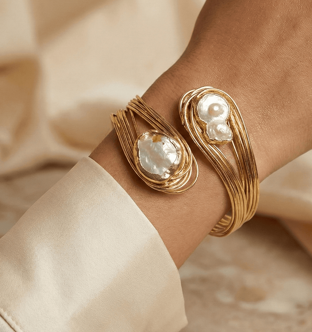 18K Gold Plated Baroque Pearl Wire Cuff Bracelet | Sculptural Open Bangle