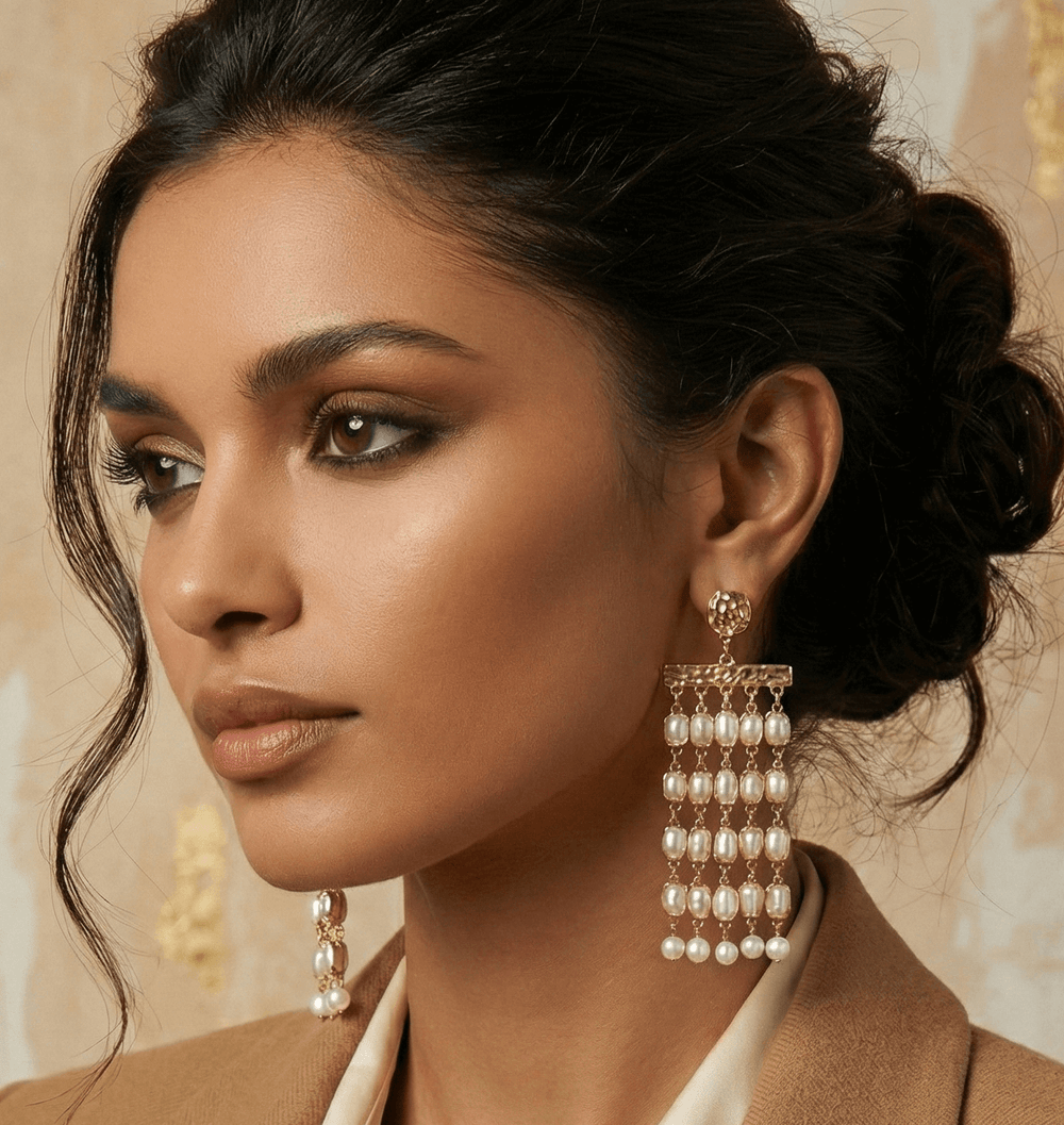 18K Gold Plated Linear Pearl Tassel Earrings | 10cm