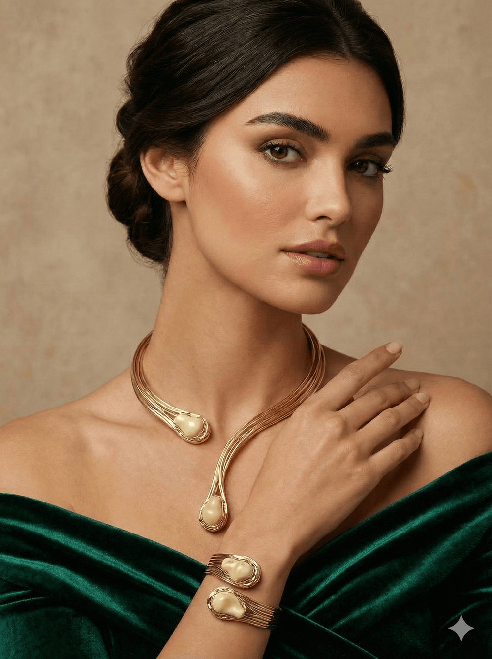 18k Gold Plated Multi-Strand Open Choker & Cuff Bracelet Set with Resin Stone