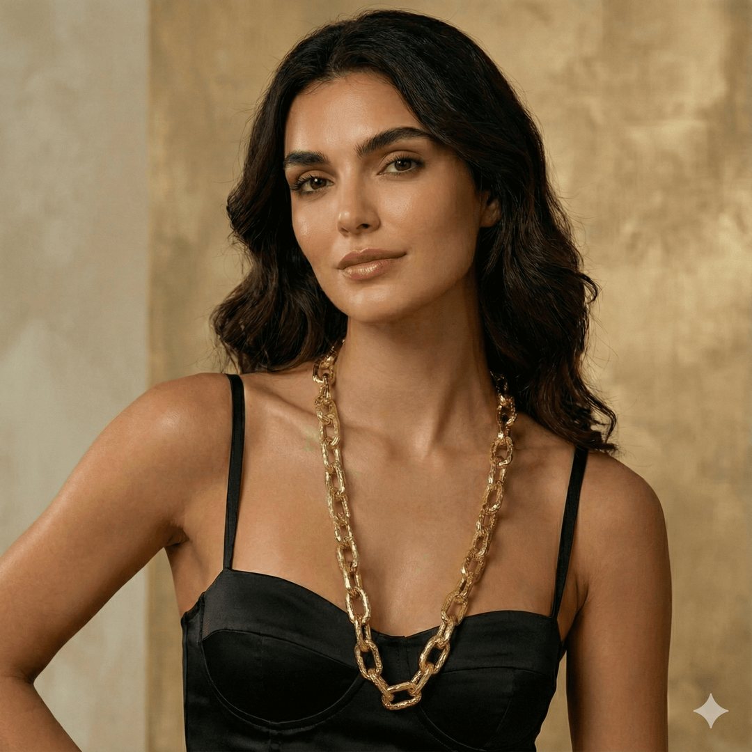 Handgemaakte Gehamerde Lange Schakelketting - 80cm Getextureerde Paperclip Ketting