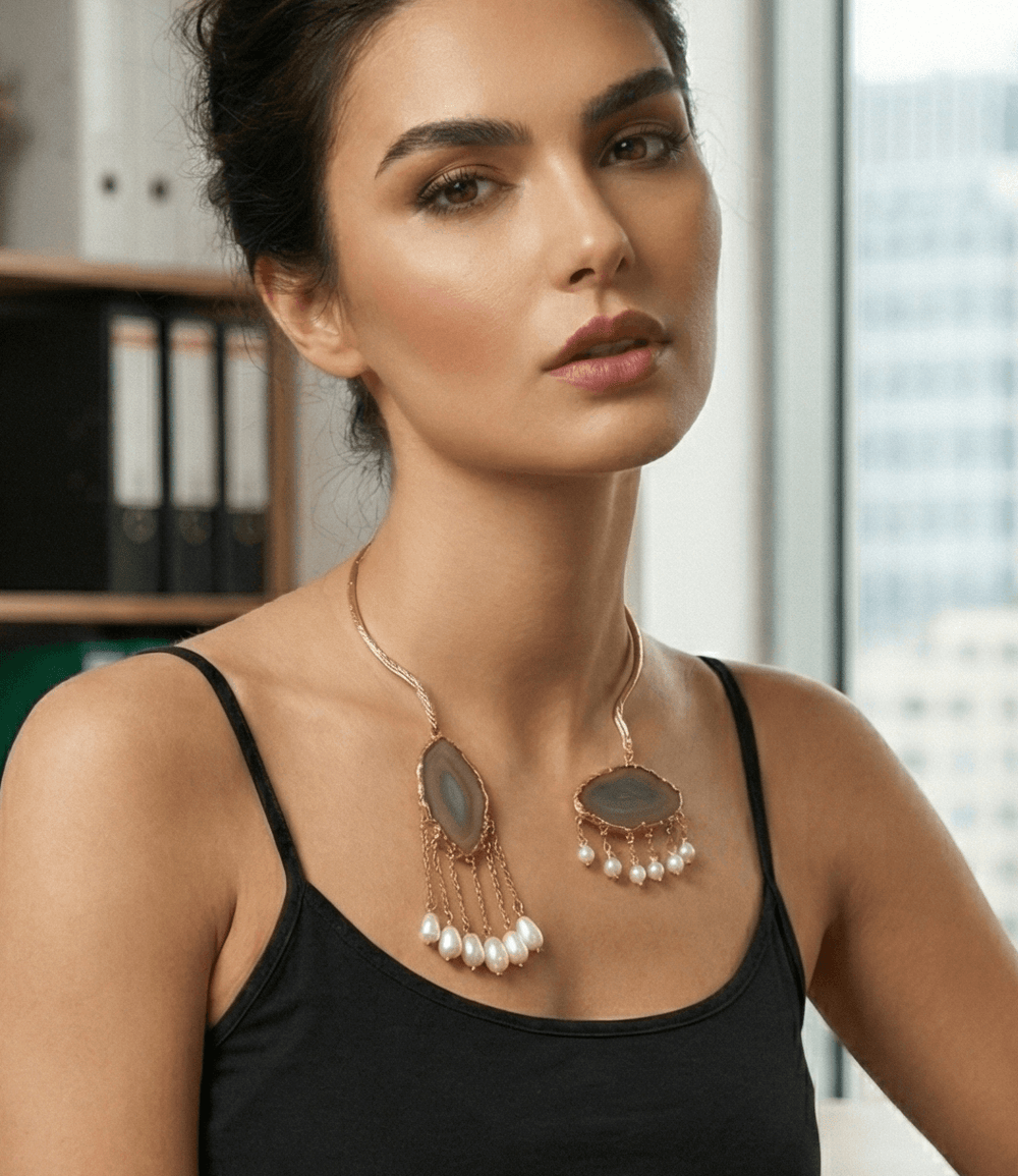18K Gold Plated Twisted Wire Torque Necklace with Natural Agate Slices & Pearl Fringe