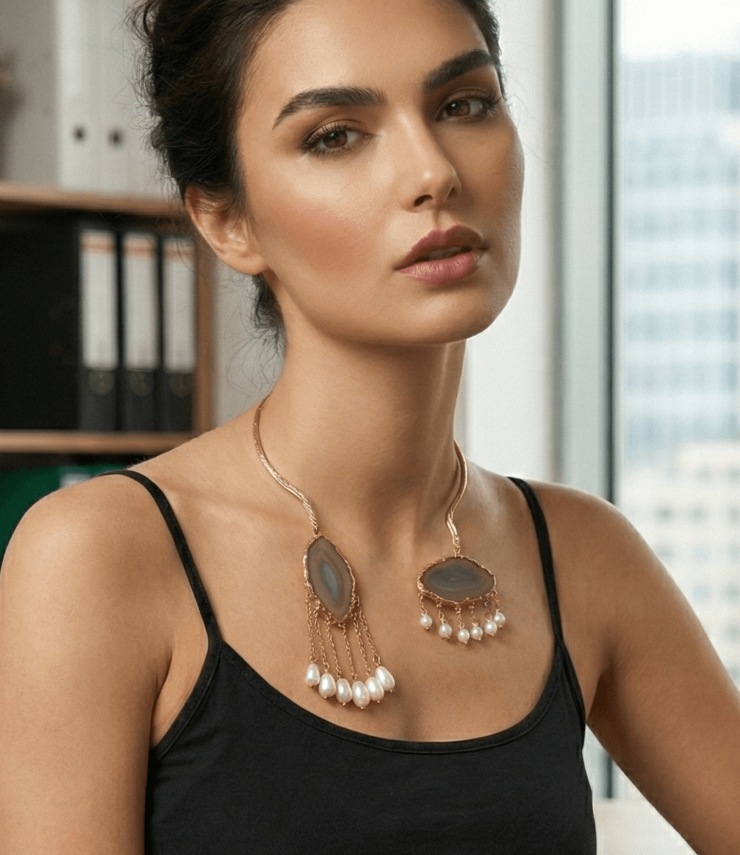 18K Gold Plated Twisted Wire Torque Necklace with Natural Agate Slices & Pearl Fringe