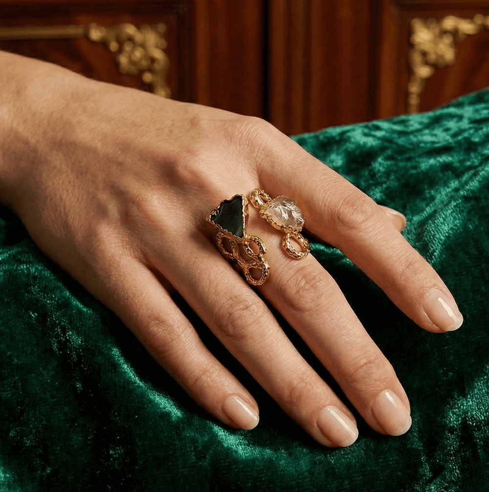 18K Gold Plated Raw Stone Duo Ring, Adjustable Band with Black Onyx & Clear Crystal