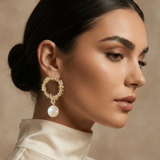 18K Gold Plated Coral Reef Pearl Drop Earrings, 5 cm