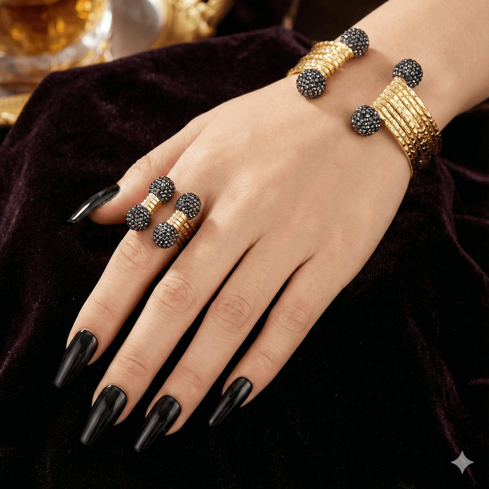 18k Gold Plated Textured Wire Cuff & Ring Set with Black Crystal Pavé Spheres