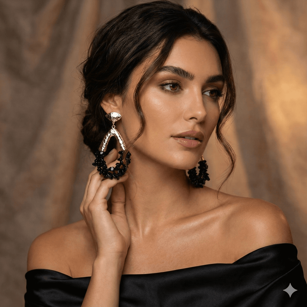 Gold Plated Hammered Chunky Statement Earrings with Black Chips, 9 cm