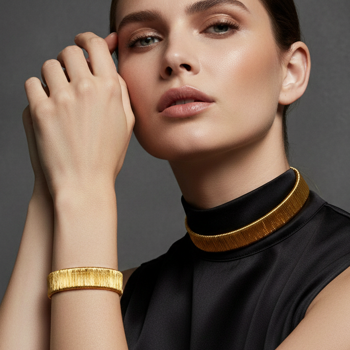 18K Gold Plated Wire-Wrapped Gold Choker & Cuff Set | Statement Jewelry