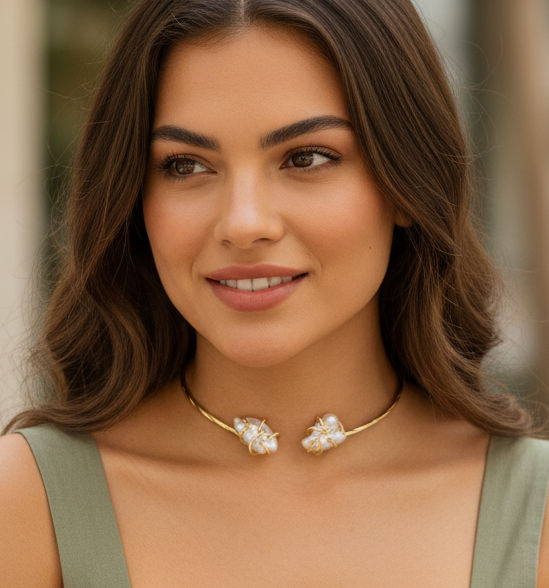 Gold Pearl Choker – Handmade Baroque Pearl Necklace With Gold Plated Collar