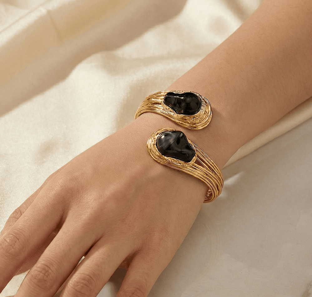 18k Gold Plated Twisted Wire Open Cuff Bangle with Resin Black Stones