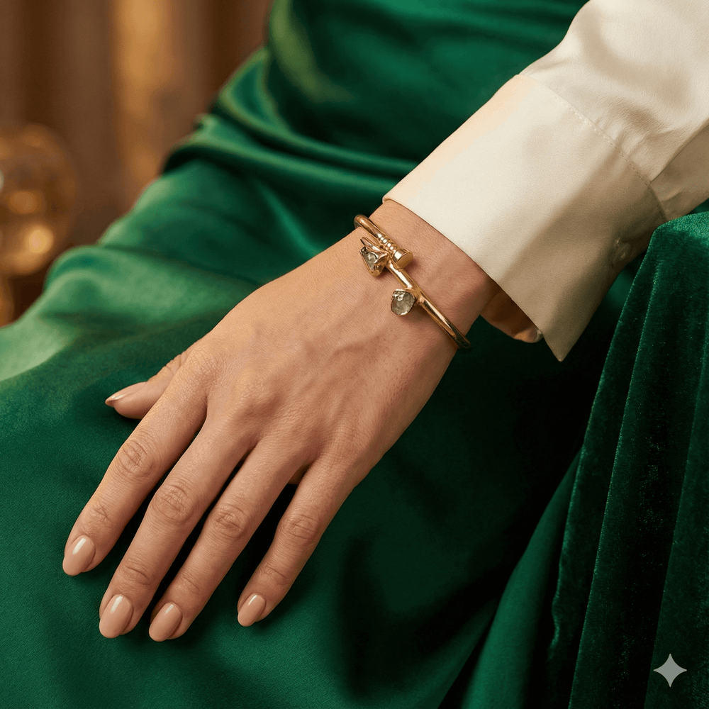 18k Gold Plated Raw Stone Trio Bangle | Hinged Cuff Bracelet