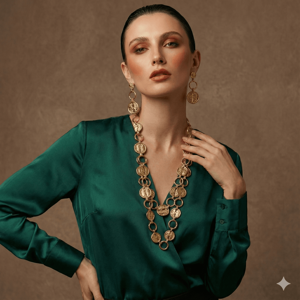 Luxe 18k Gold Plated Long Layered Necklace & Earring Set | Textured Statement Disc Design