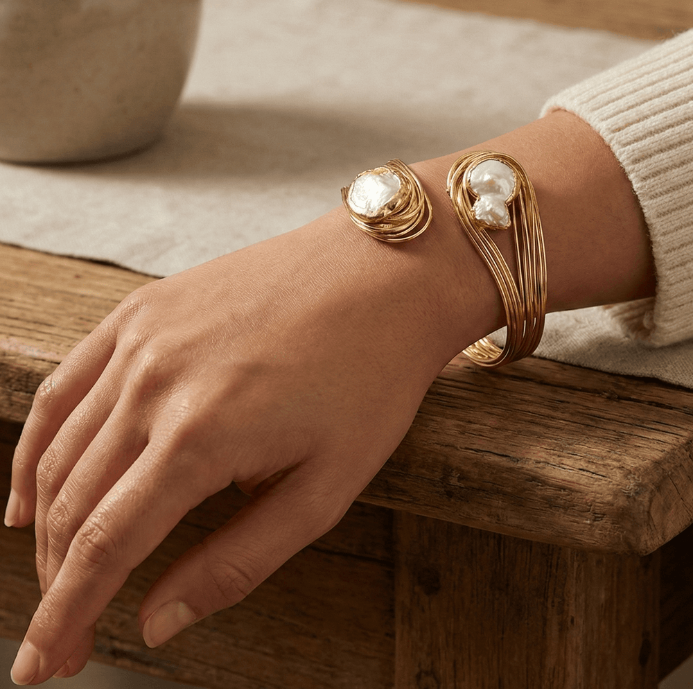 18K Gold Plated Baroque Pearl Wire Cuff Bracelet | Sculptural Open Bangle