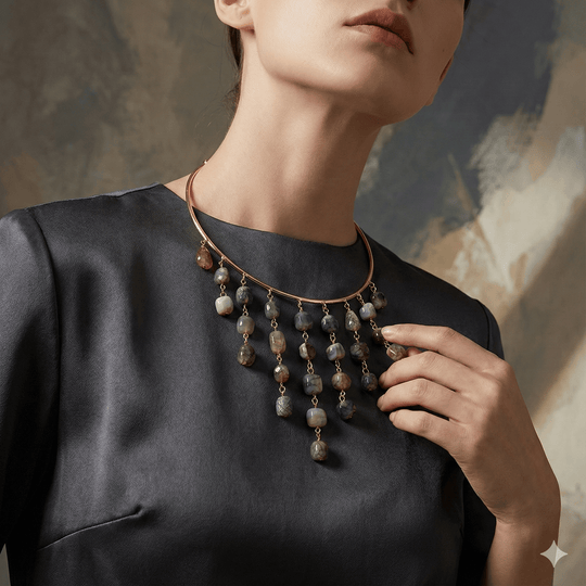 18K Gold Plated Wire Collar Necklace with Cascading Grey & Earth Tone Beaded Fringe Boho Statement