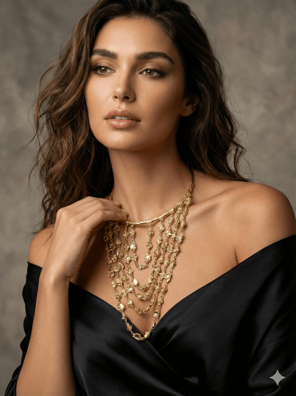 18k Gold Plated Organic Nugget Tiered Bib Necklace, Multi-Strand Statement Collar