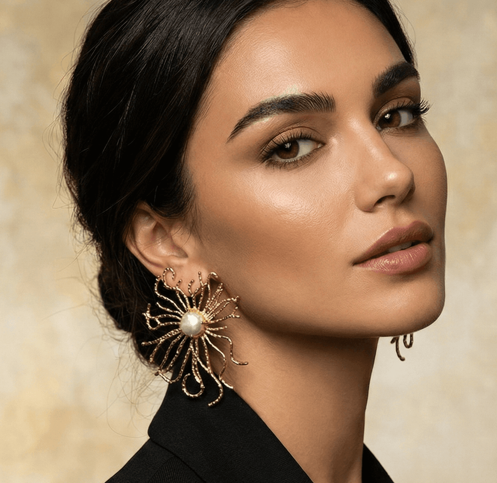 18K Gold Plated Organic Sunburst Earrings with Baroque Pearl - 5.5cm