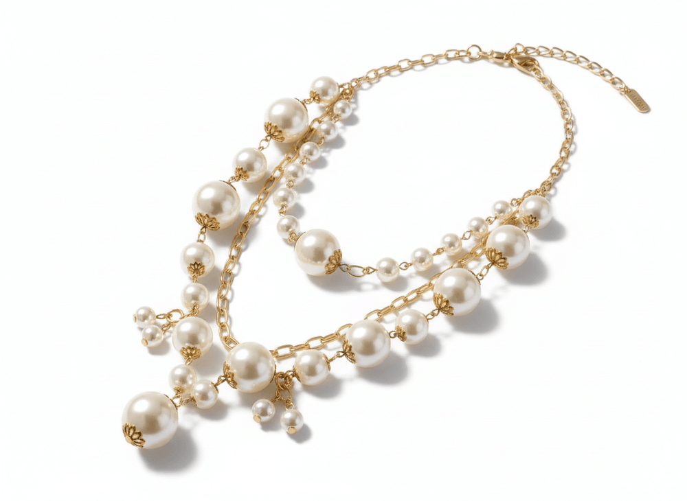 Gold Layered Pearl Necklace – Handmade Adjustable Long Gold Plated Jewelry - Aramele